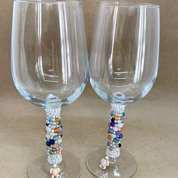 2 Wine Glasses with Bead Wrapped Stems