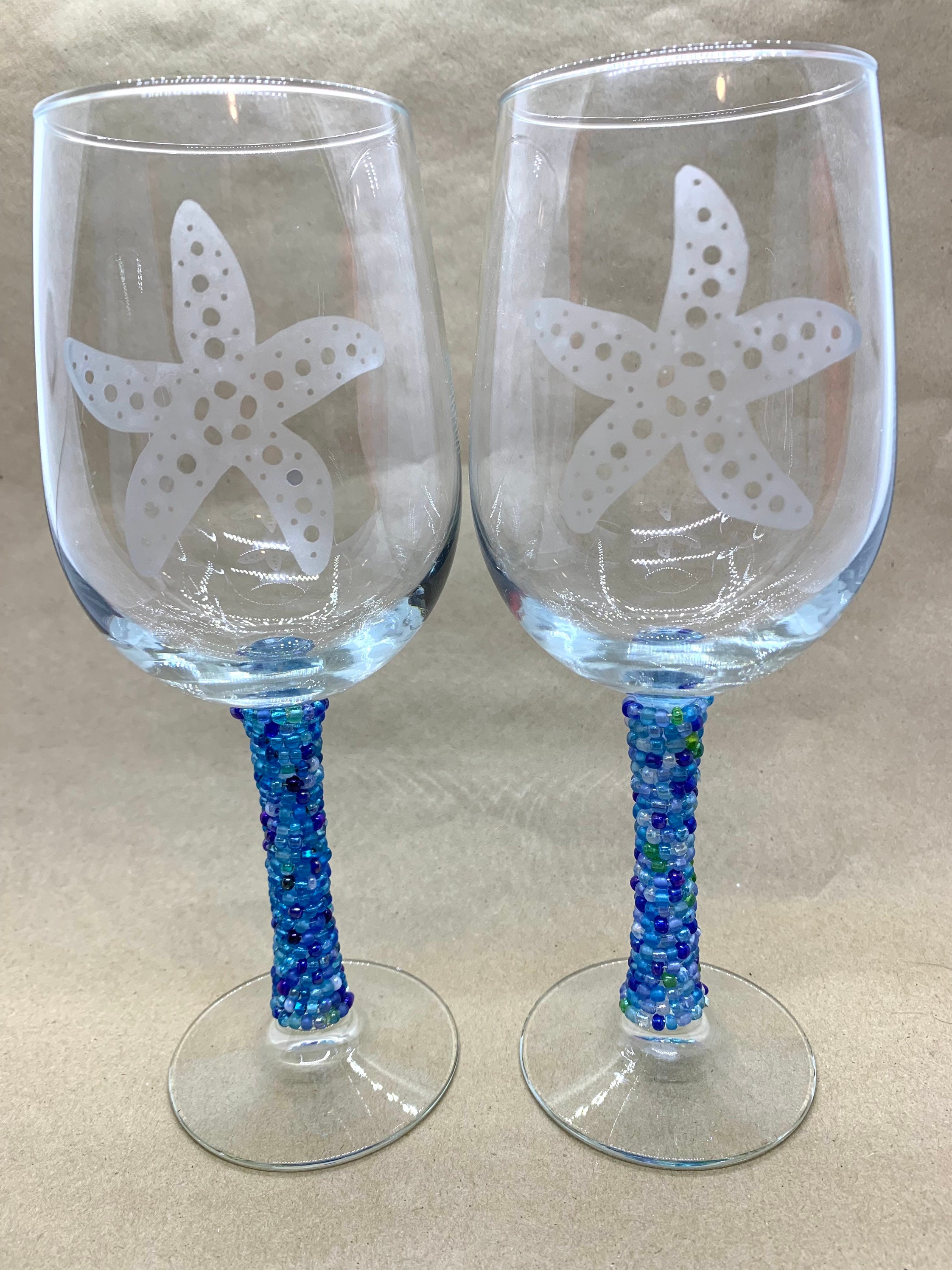 Seahorse Starfish Etched Wine Glasses With Bead Wrapped Stems Etsy
