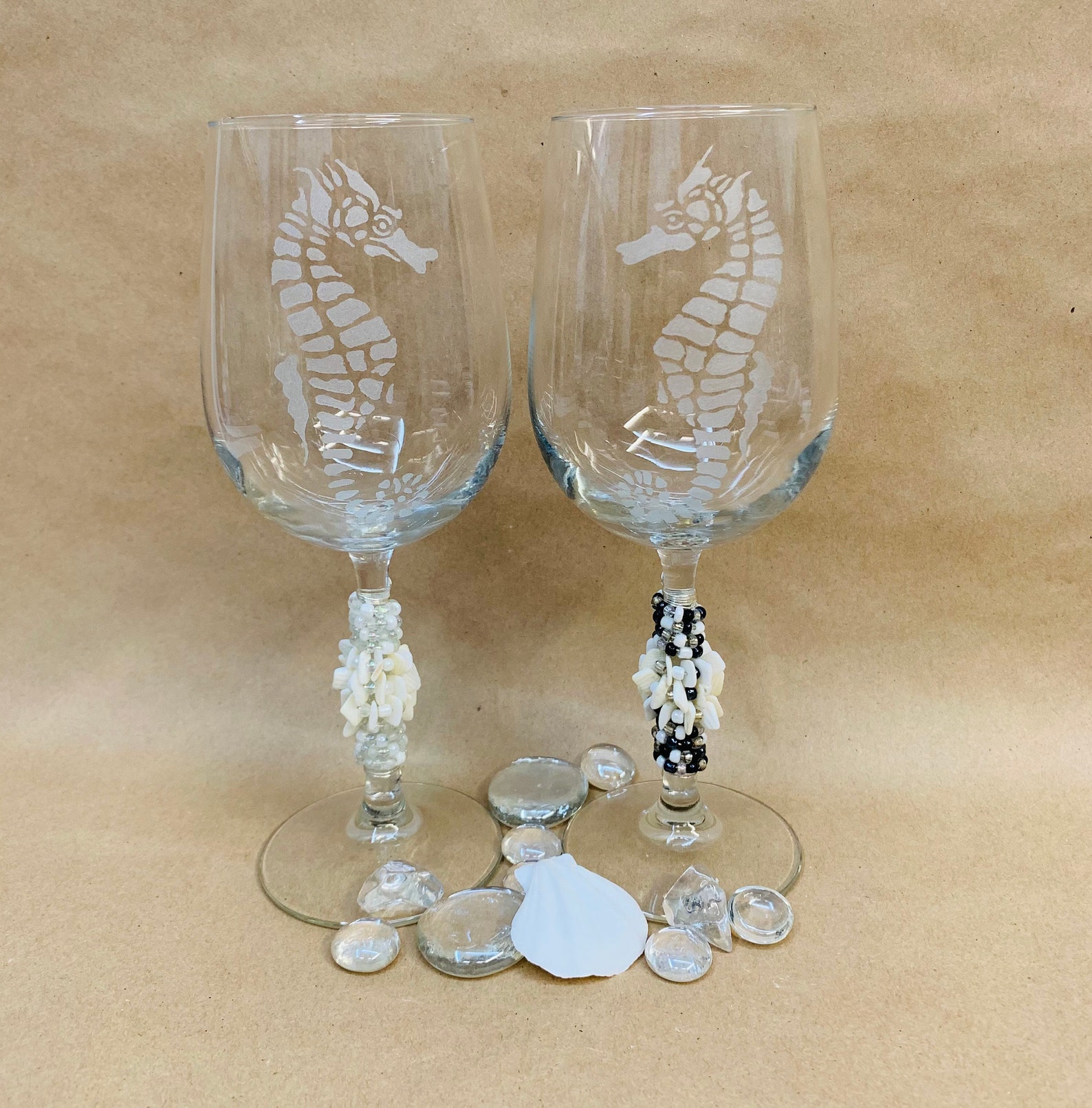 Seahorse Etched Wine Glasses With Bead Wrapped Stems Etsy