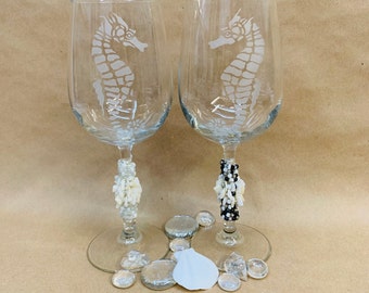 Seahorse Etched Wine Glasses with Bead Wrapped Stems