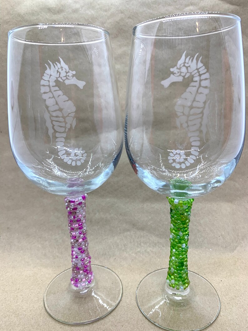 Seahorse Starfish Etched Wine Glasses With Bead Wrapped Stems Etsy