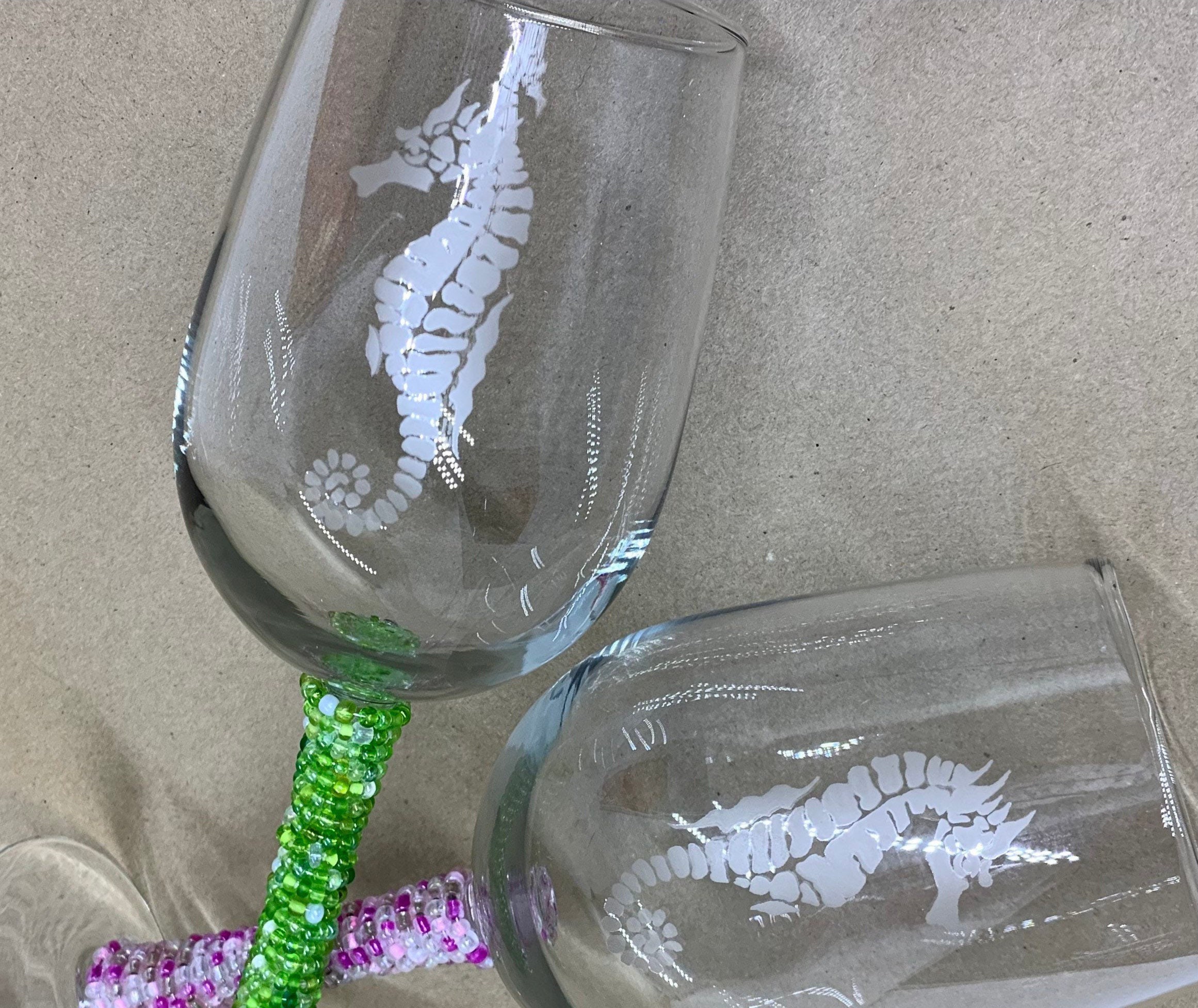 Seahorse Starfish Etched Wine Glasses With Bead Wrapped Stems Etsy