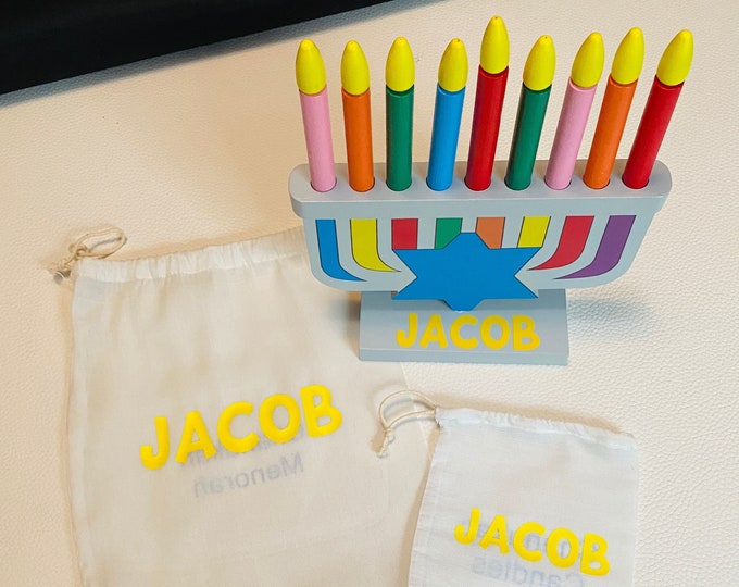 PERSONALIZED Wood Hanukkah Toy Set Menorah With Name and Candles in Hebrew or English Perfect
