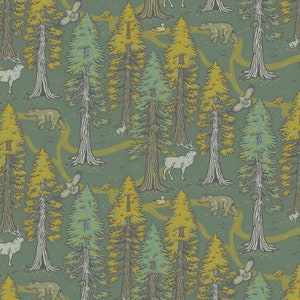 The Wild Coast by Mustard Beetle / Redwoods Green  Organic Cotton LAWN, BIRCH ORGANICS