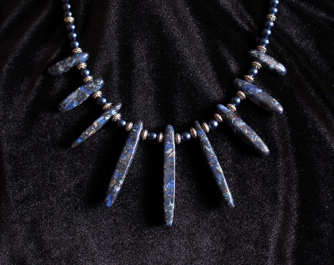 toggle. with 4mm blue resin round beads and silver-toned filigree space beads Imperial Infused Jasper 9-piece graduated lengths/' necklace