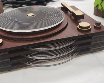 4pc Acrylic Coaster Set with Record Player Holder