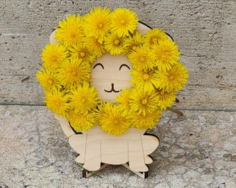 Suporte de madeira para flores com pedestal, ideal para mamãe, vovó e professora. Dente-de-leão.