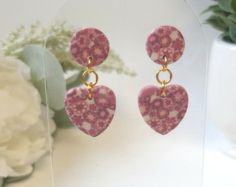Pink Floral Heart Polymer Clay Earrings | Unique Handmade Millefiori Jewelry