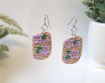 Purple Floral Polymer Clay Earrings | Unique Handmade Spring Jewelry