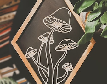 CARVED Wall hanging Mushrooms with Hickory Wood Frame - Diamond