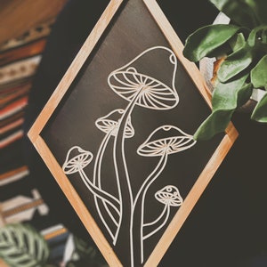 CARVED Wall hanging Mushrooms with Hickory Wood Frame - Diamond