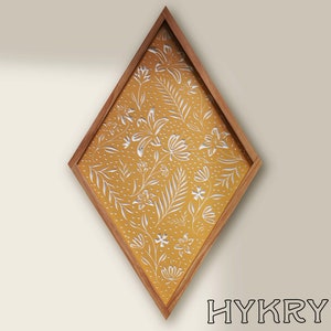 CARVED Wall hanging. Summer Floral with Wood Frame. Boho wall decor. Gold