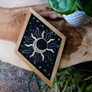 CARVED Wall hanging Sun with Hickory Wood Frame - Diamond