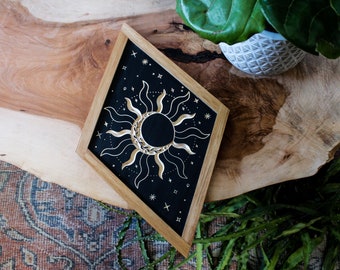 CARVED Wall hanging Sun with Hickory Wood Frame - Diamond