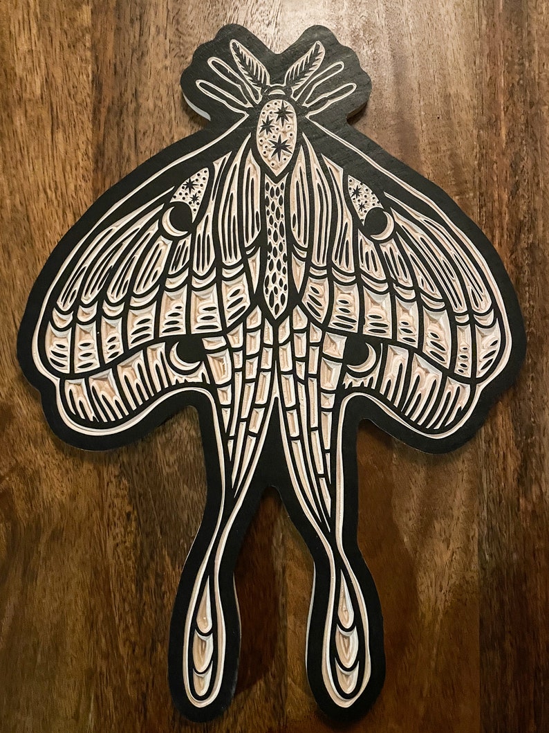 CARVED Woodcut Luna Moth wall hanging. image 2