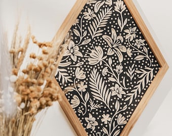 CARVED Wall hanging. Summer Floral with Wood Frame. Boho wall decor.