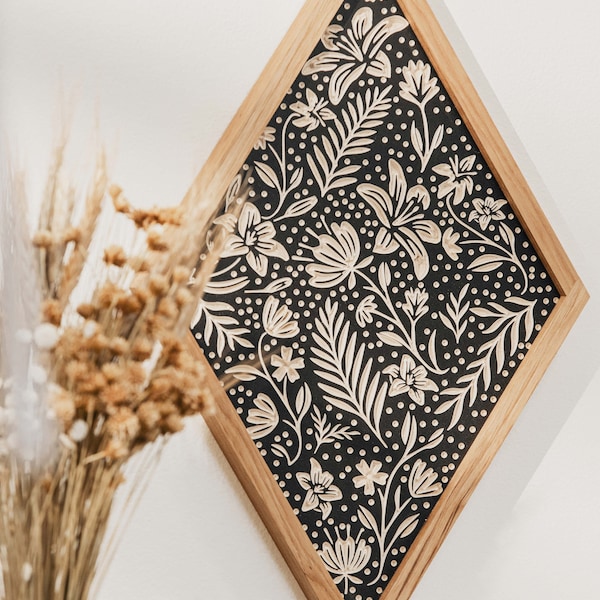 CARVED Wall hanging. Summer Floral with Wood Frame. Boho wall decor.