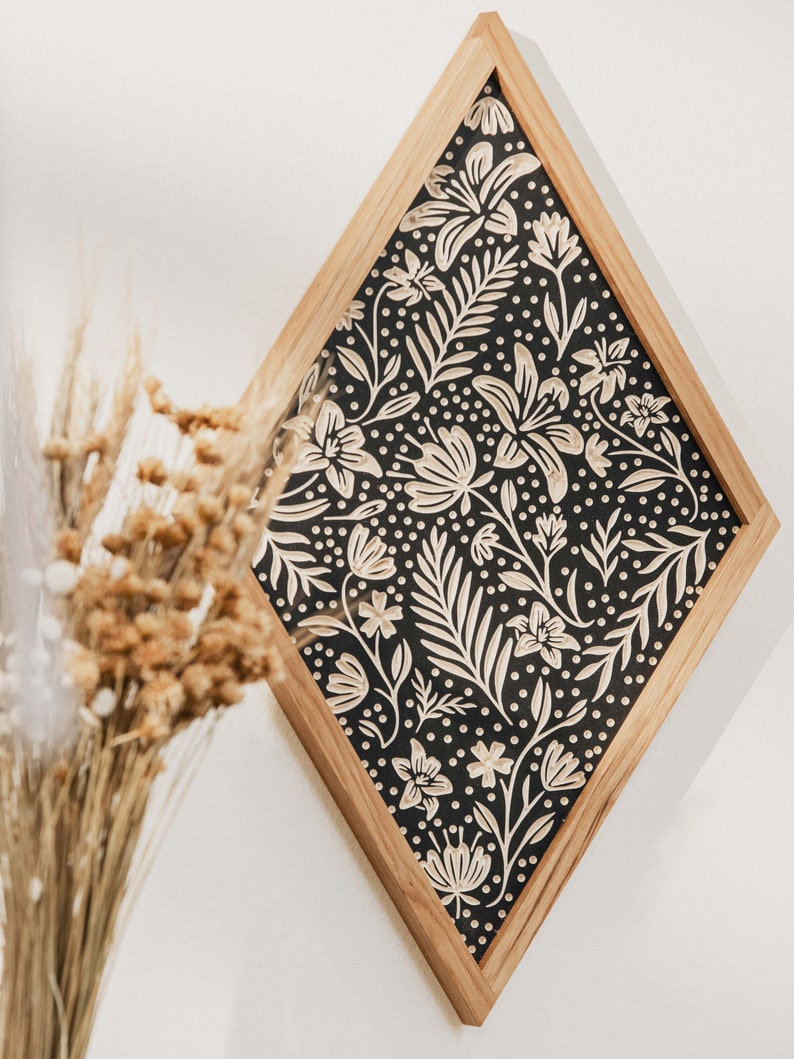 CARVED Wall hanging. Summer Floral with Wood Frame. Boho wall decor. Black