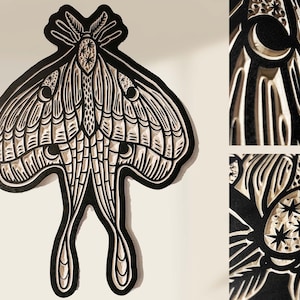 CARVED Woodcut Luna Moth wall hanging. image 1