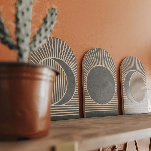 Carved Wood Eclipse Arches: Set of 3 Moon Phase Wall Decor