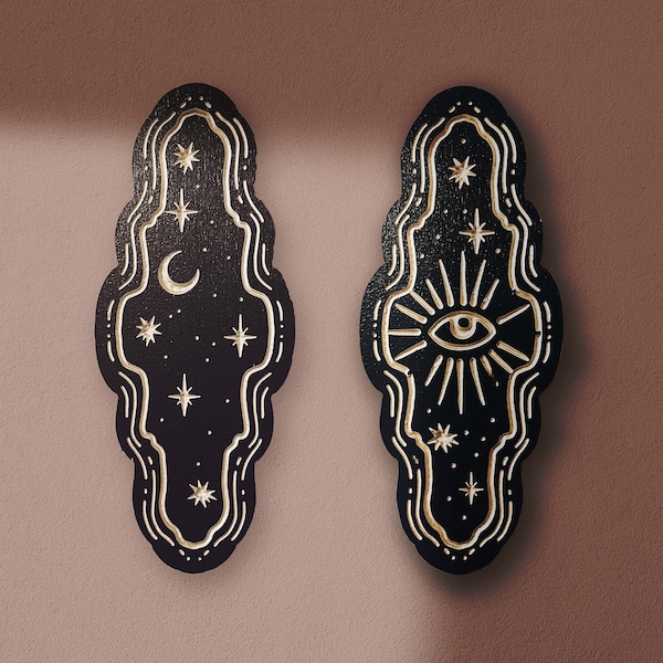 Engraved Woodcut Wall Art: Celestial Eye & Moon Decor