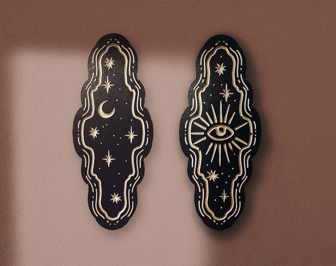 Engraved Woodcut Wall Art: Celestial Eye & Moon Decor