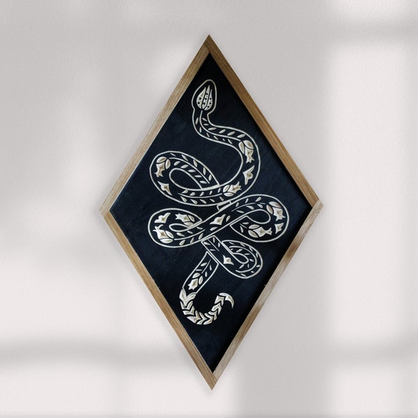 CARVED Wall hanging Floral Snake with Hickory Wood Frame - Diamond