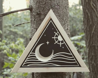 Soleil et Lune à cadre en bois sculpté - Triangle