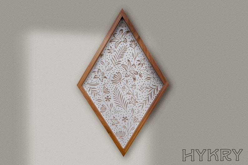 CARVED Wall hanging. Summer Floral with Wood Frame. Boho wall decor. White