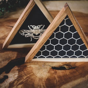 MINI Wall hanging CARVED Bee Set Triangle with Hickory Wood Frame Triangle image 3