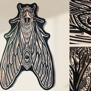 CARVED Woodcut Cicada wall hanging.