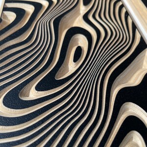 May include: Close-up of a wood panel with a black and brown wavy pattern. The pattern is created by layers of wood that have been cut and layered to create a 3D effect.