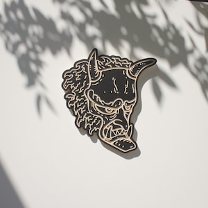 Woodcut. Japanese Oni Mask
