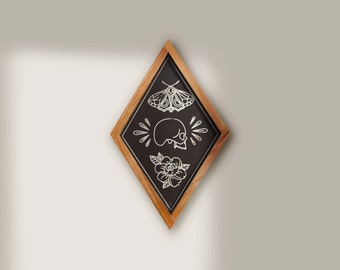 MINI Wall hanging CARVED Skull and Moth -Diamond