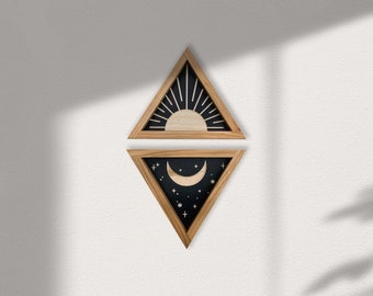MINI Wall hanging CARVED Sun and Moon. Set of Wood Triangles