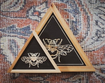 MINI Wall hanging CARVED Bee- Triangle with Hickory Wood Frame - Triangle