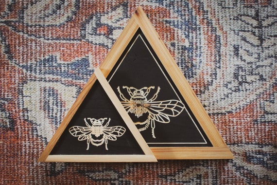 MINI Wall hanging CARVED Bee- Triangle with Hickory Wood Frame - Triangle