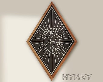 Wall hanging CARVED Sacred Heart Diamond with Hickory Wood Frame - Diamond