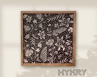 CARVED Wall hanging Summer Floral with Wood Frame. Square