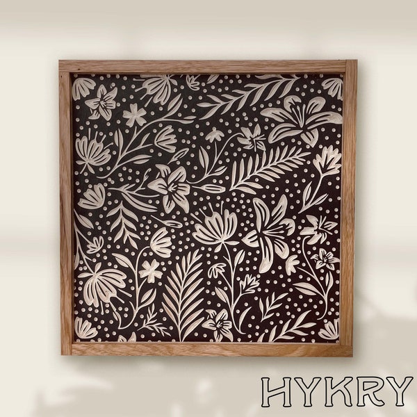 CARVED Wall hanging Summer Floral with Wood Frame. Square