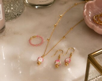 Pink Floral Jewelry Set, Handmade Gold Necklace Earrings & Ring Set, Feminine Cottagecore Jewelry, Romantic Pink Gift for Her