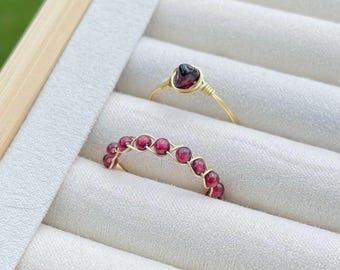 Garnet Wire Wrapped Ring Set: January Birthstone, Gold or Silver