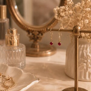 Dainty Ruby Crystal Earrings, July Birthstone Gold Earrings, Minimalist Red Gem Earrings, Tiny Everyday Jewelry Gift for Her