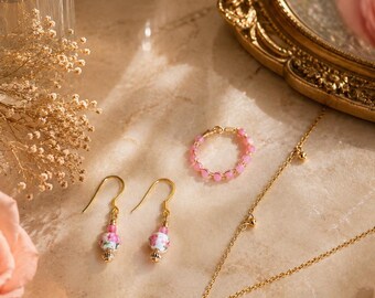 Pink Floral Jewelry Set, Handmade Gold Necklace Earrings & Ring Set, Feminine Cottagecore Jewelry, Romantic Pink Gift for Her