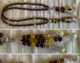 Cypress wood Juzu with yellow glass beads