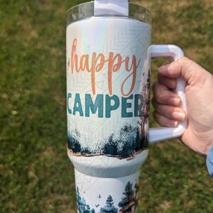 Camping 40oz Tumbler, Travel Cup, Tumbler With Handle, Stanley Tumbler Lookalike, Happy Camper, Summer