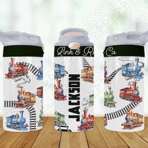 May include: A white water bottle with a black lid and a gray spout. The bottle is decorated with a repeating pattern of colorful cartoon trains on a white background. The text "JACKSON" is printed vertically on the bottle.