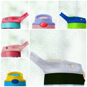 May include: Close-up of five different colored water bottle lids with a variety of colors and designs. The lids are made of plastic and have a spout for drinking.