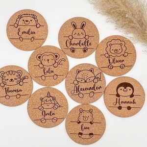 Personalized cork coasters with animals | For children's birthdays, party favors, souvenirs, club celebrations, weddings, baptisms