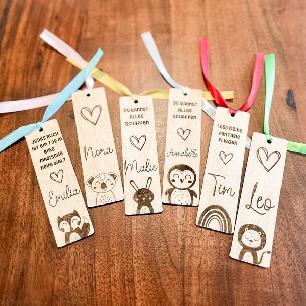 Kinder Holz Lesezeichen mit Tieren personalisiert | Geschenk für Schulkind | Geburtstagsgeschenk | Schultüte Füllung